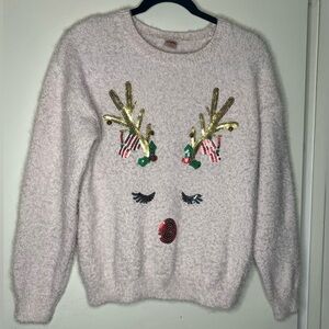 Holiday Time pink Reindeer Sweater with Gold Accents